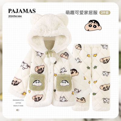 蜡笔小新亲子睡衣儿童冬三层夹棉