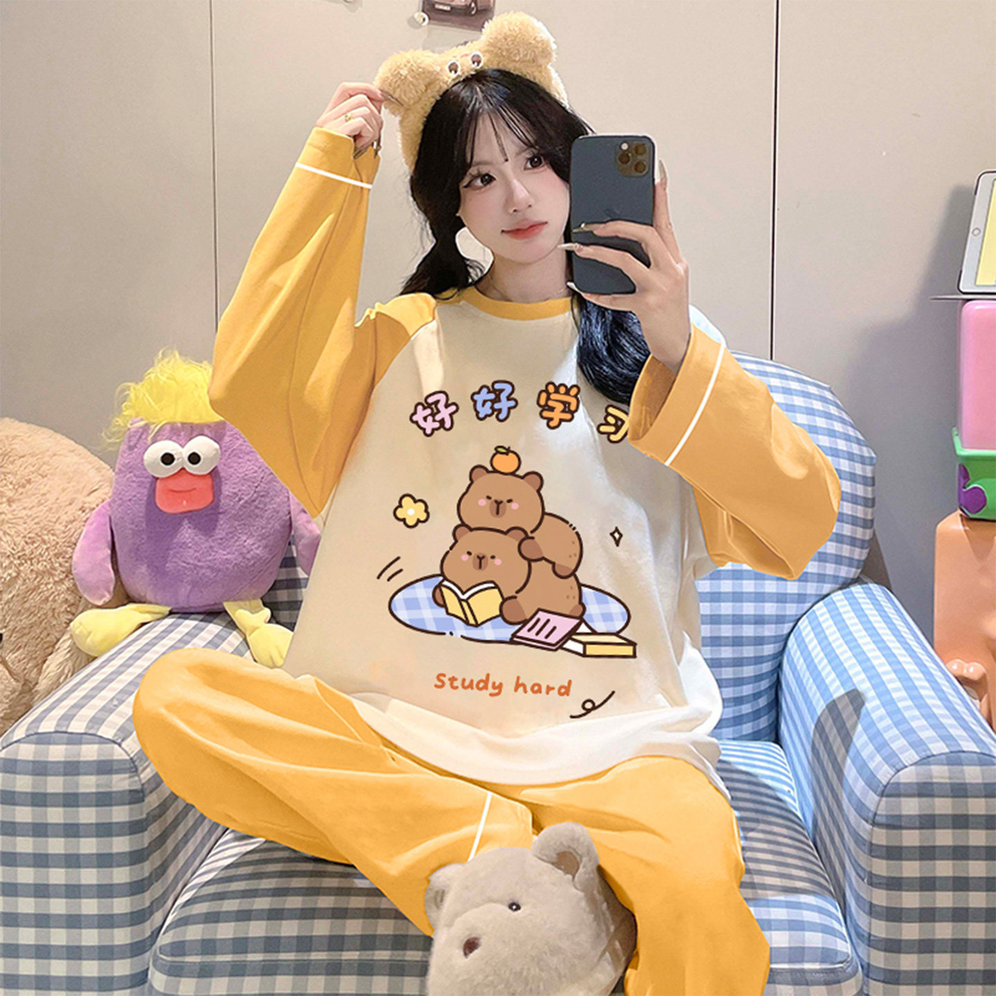 女款纯棉春秋长袖卡皮巴拉家居服