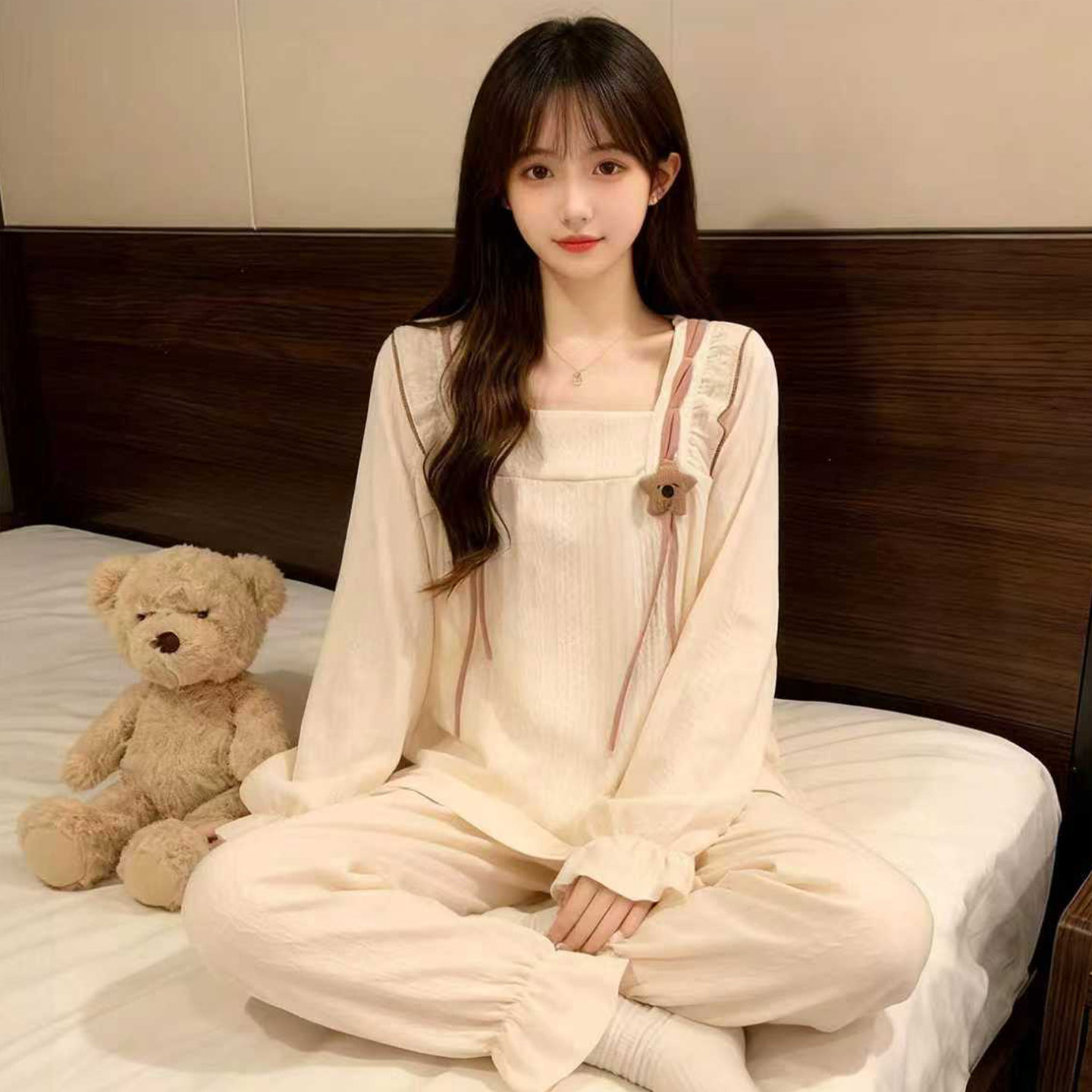 春秋季纯棉长袖母女带胸垫家居服
