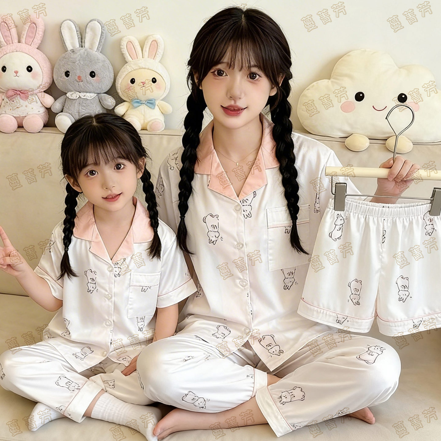 母女夏季冰丝薄款短袖兔子家居服