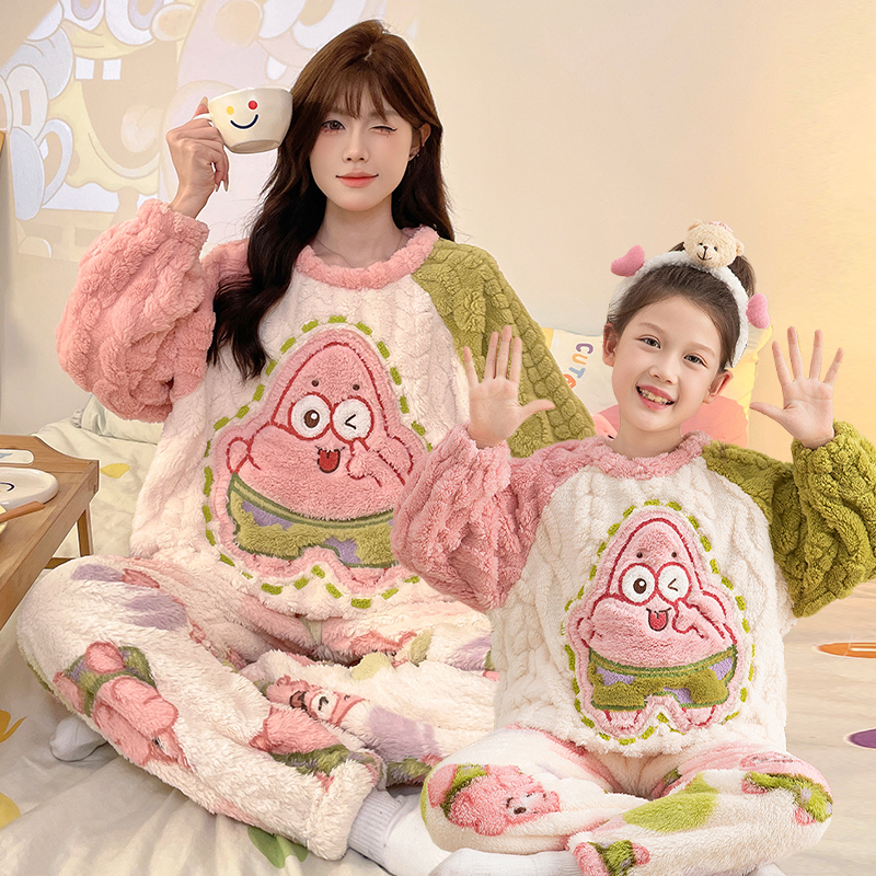派大星女童珊瑚绒睡衣秋冬季加厚中大童珊瑚绒家居服亲子母女套装