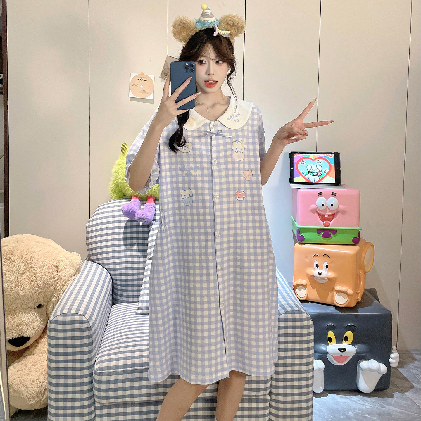 夏季纯棉短袖可爱少女开衫睡裙