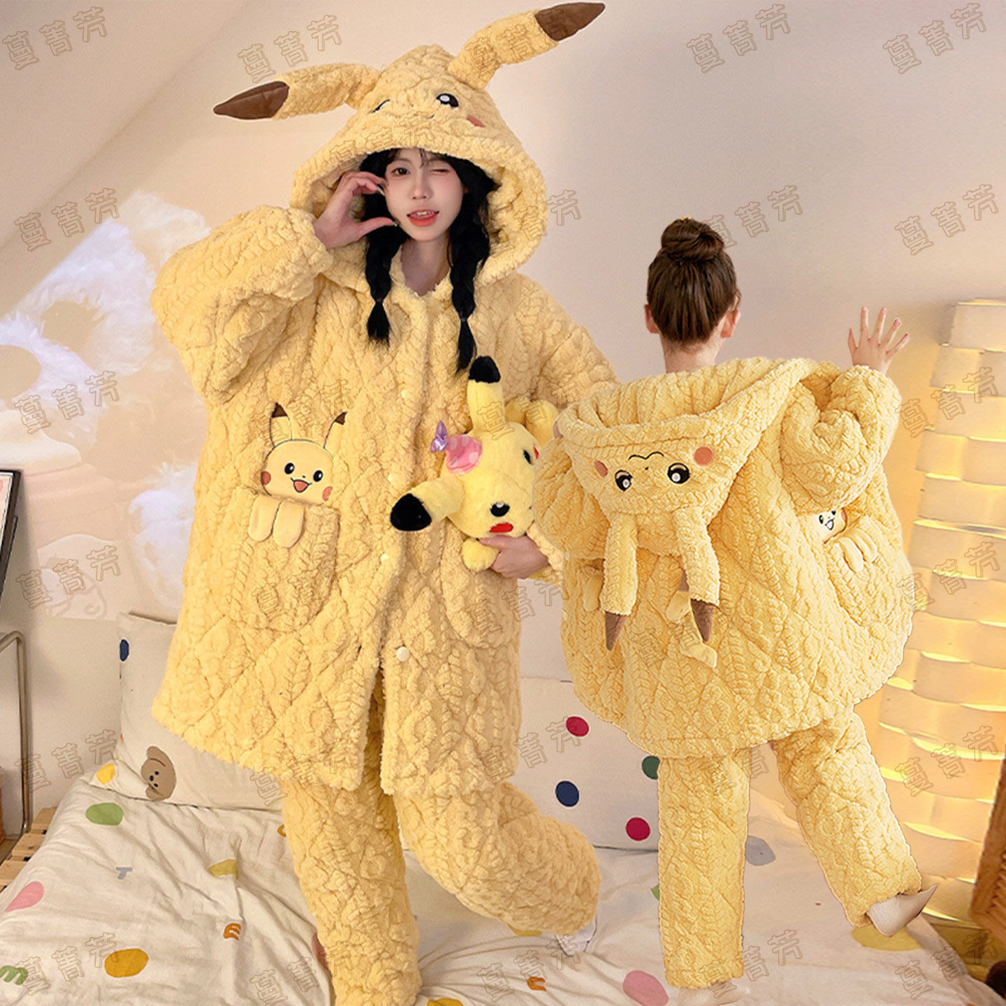 皮卡丘冬季三层夹棉母女睡袍套装