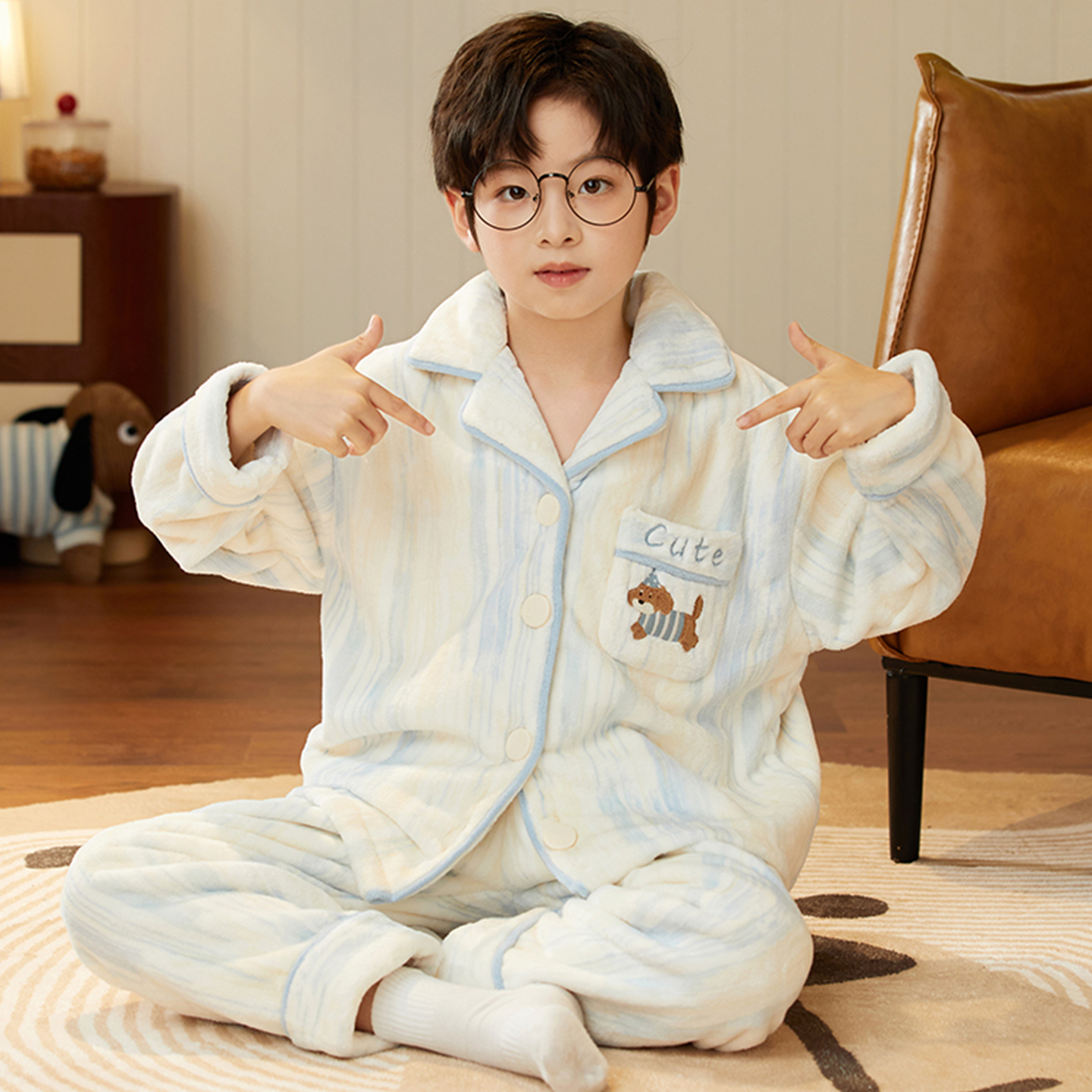 儿童腊肠狗睡衣冬季法兰绒家居服