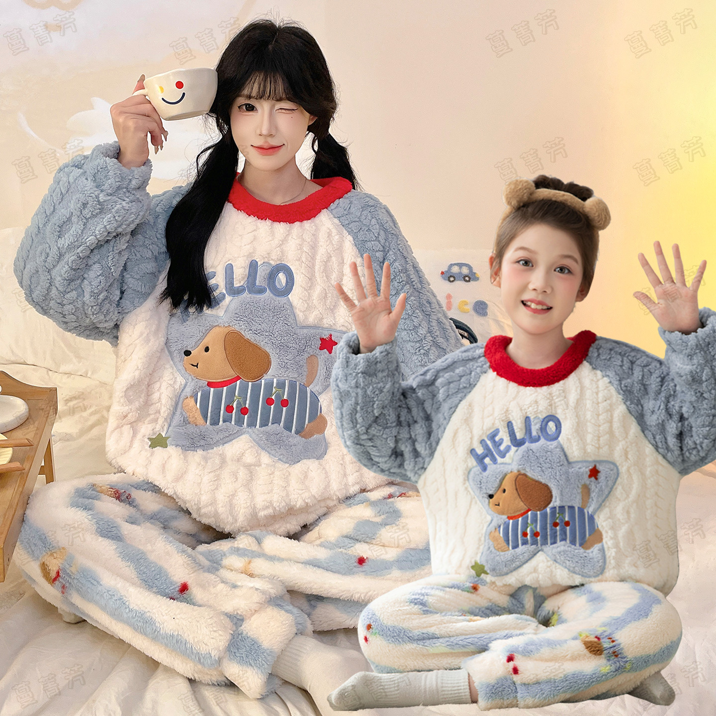 腊肠狗女童珊瑚绒睡衣秋冬季加厚中大童珊瑚绒家居服亲子母女套装