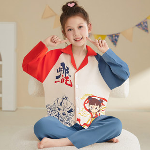 儿童睡衣纯棉女童长袖家居服敖丙女孩套装春秋季薄款小孩宝宝哪咤