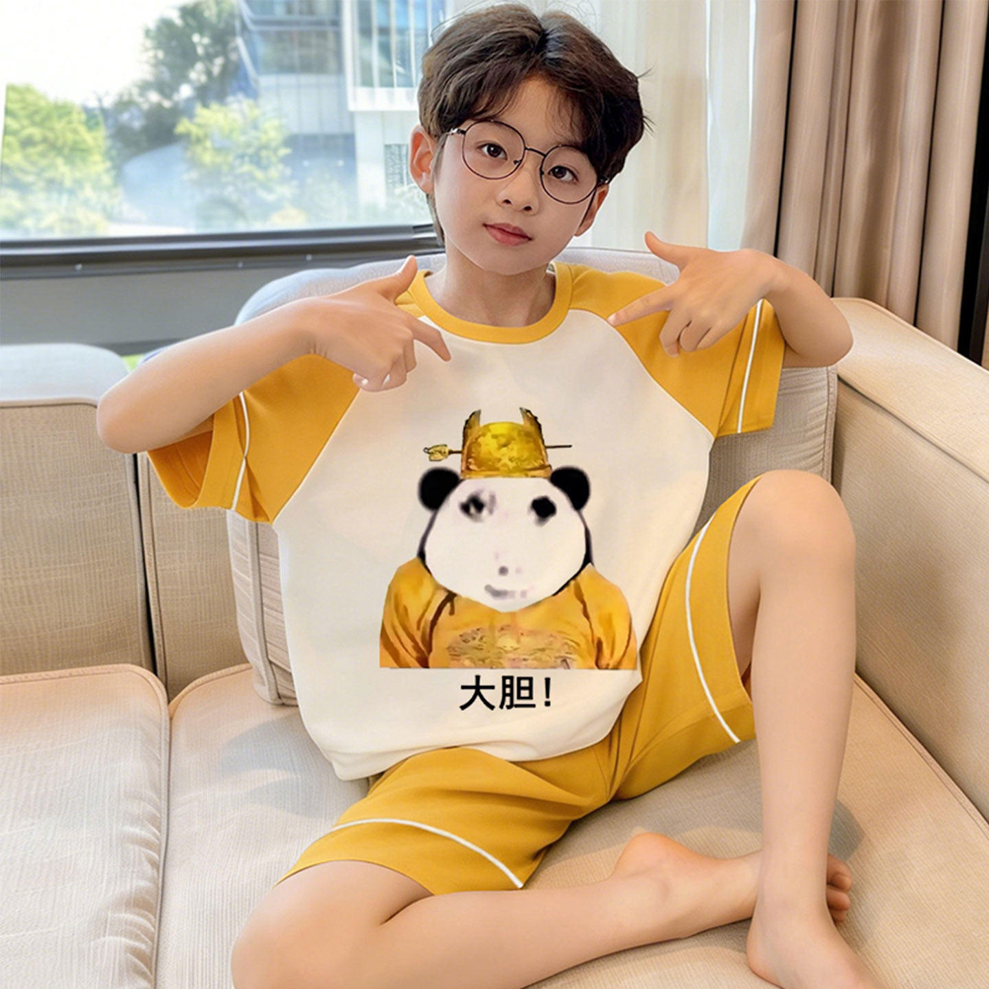 抽象儿童睡衣男孩纯棉夏季搞笑男童奇葩短袖大胆龙图皇帝薄家居服 - 实物图
