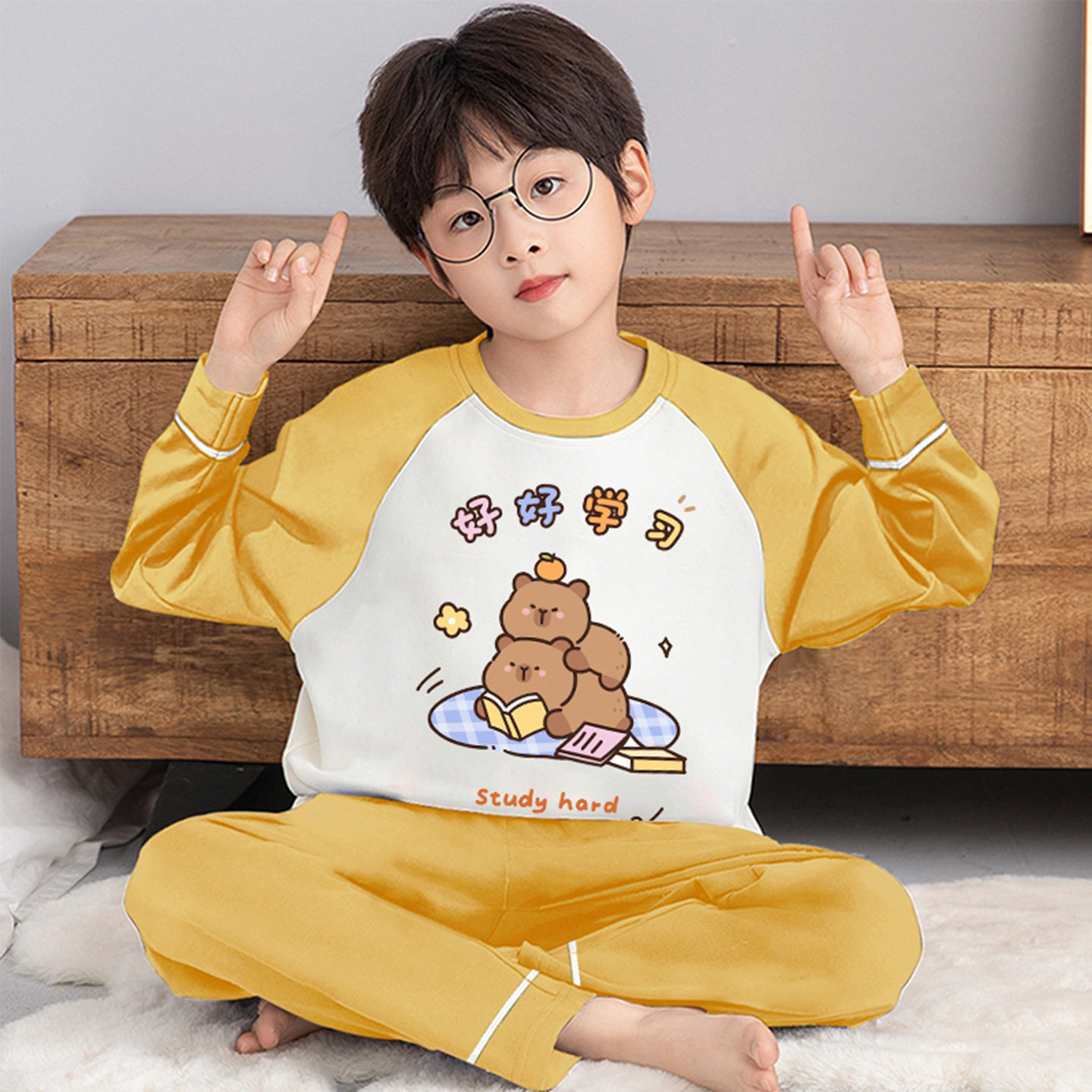 卡皮巴拉男童睡衣春秋季纯棉长袖中大童男孩宝宝家居服儿童两件套,童装/婴儿装/亲子装,家居服套装,淘宝优惠券,粉丝福利购,淘宝优惠卷