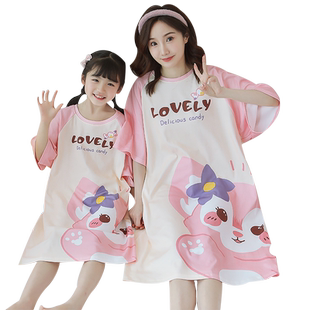 纯棉儿童睡衣睡裙女童春夏季短袖薄款女孩大童可爱公主母女亲子装