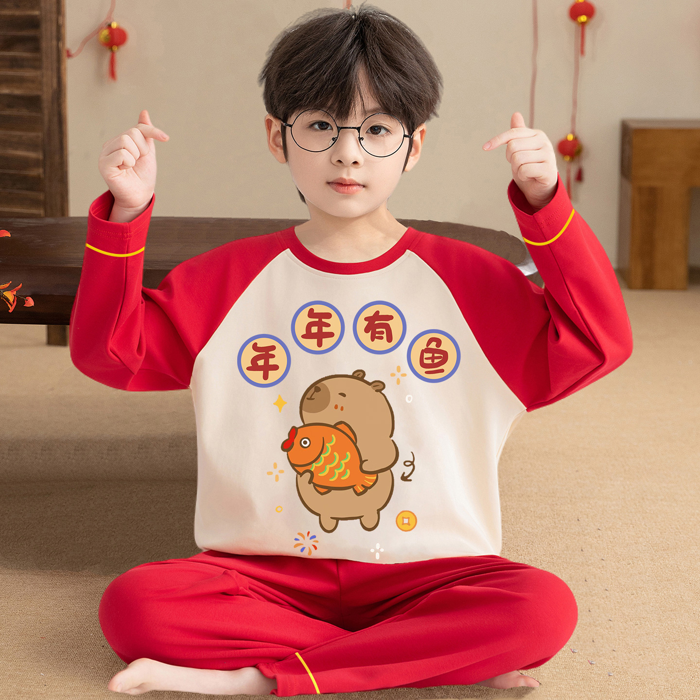 儿童睡衣春秋纯棉卡皮巴拉家居服