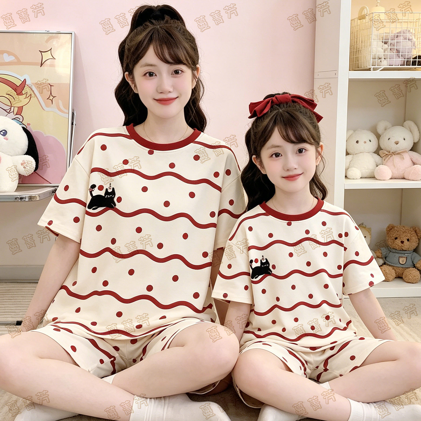 条纹小黑猫母女装睡衣夏季家居服