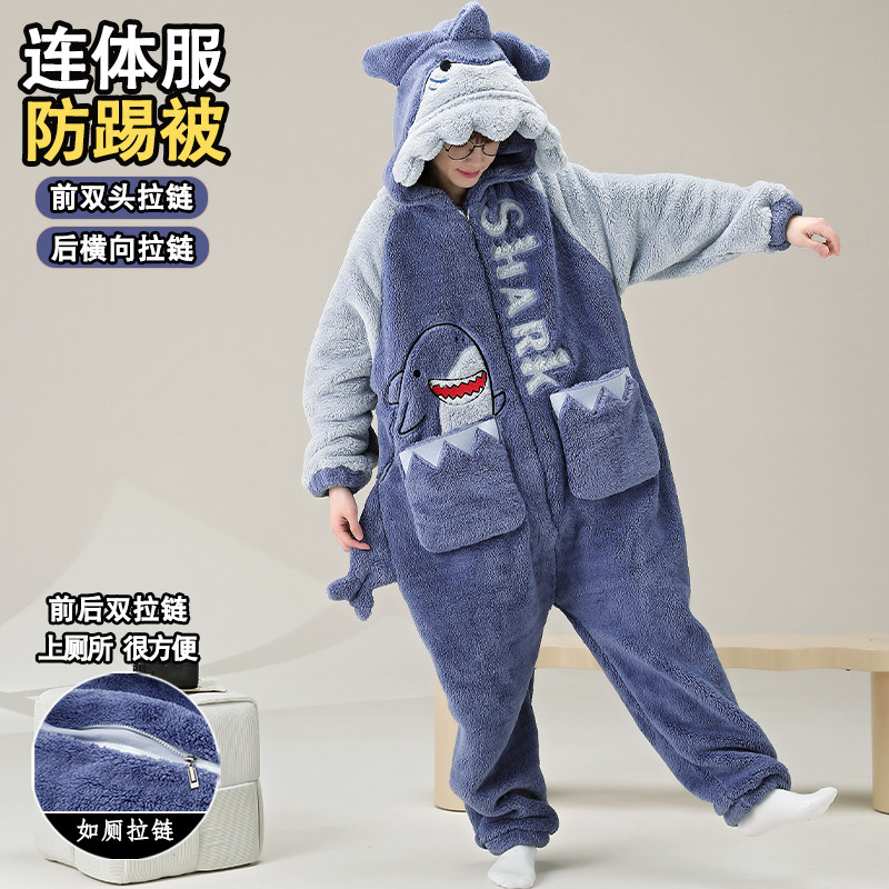 男款连体睡衣冬季珊瑚绒动物鲨鱼