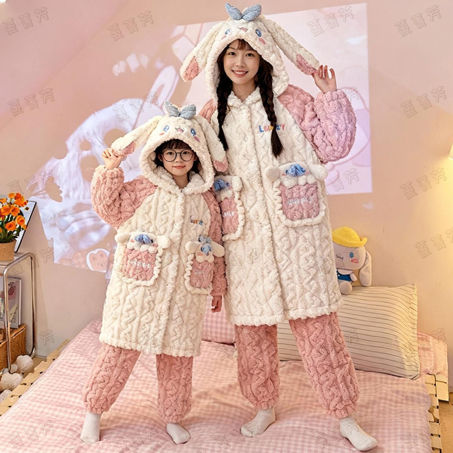 母女冬季三层夹棉加厚公主风睡袍