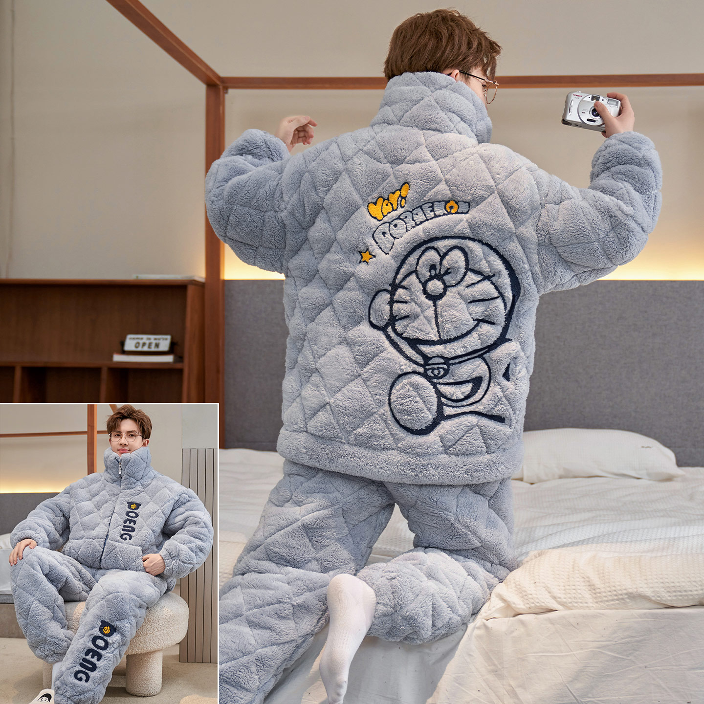 男款三层夹棉冬季哆啦A梦家居服