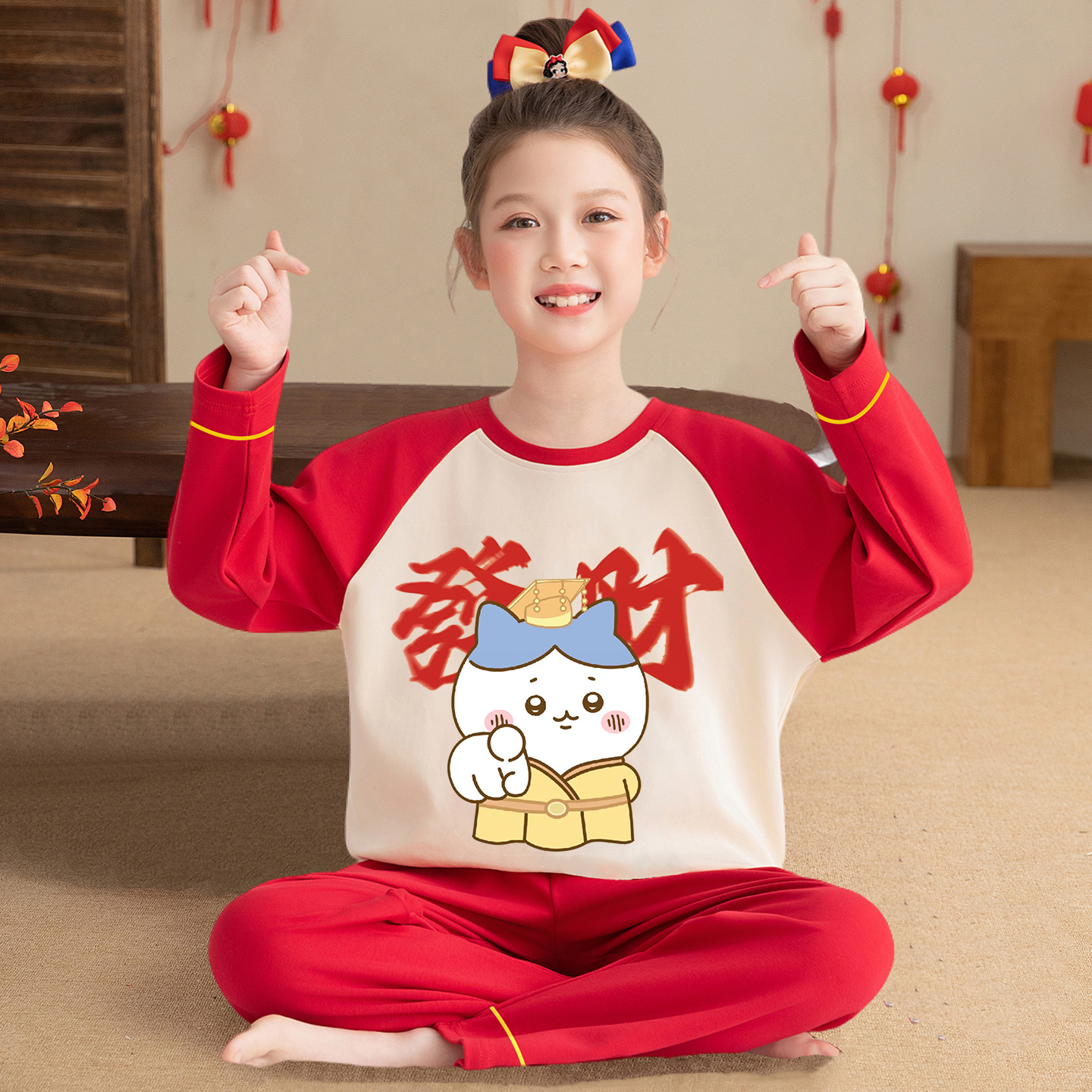 女童睡衣纯棉新年喜庆家居服套装