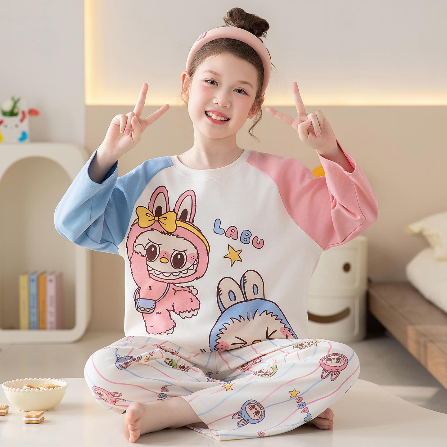 女童睡衣纯棉长袖薄款秋装中大童卡通小怪兽儿童宝宝家居服套装