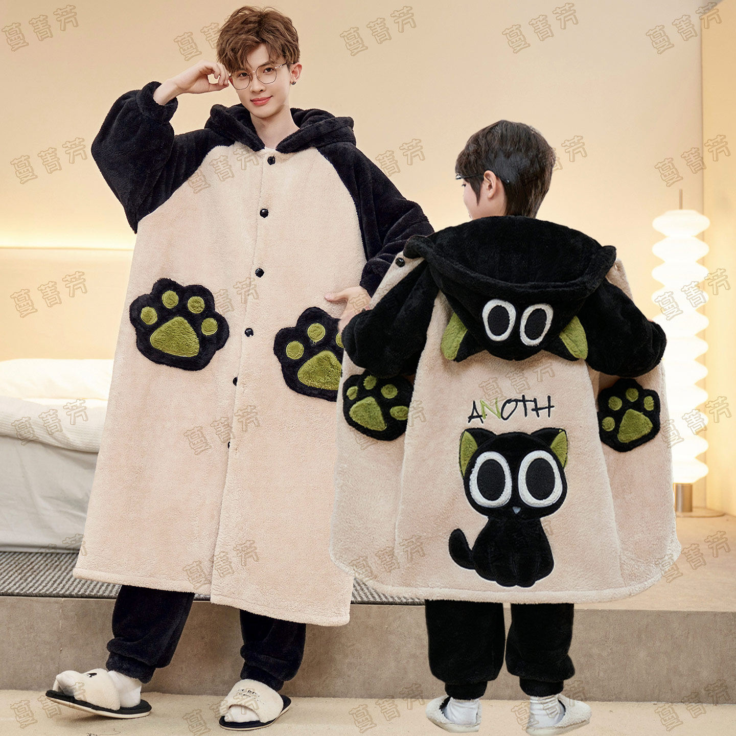 珊瑚绒男冬季加厚罗小黑父子睡袍