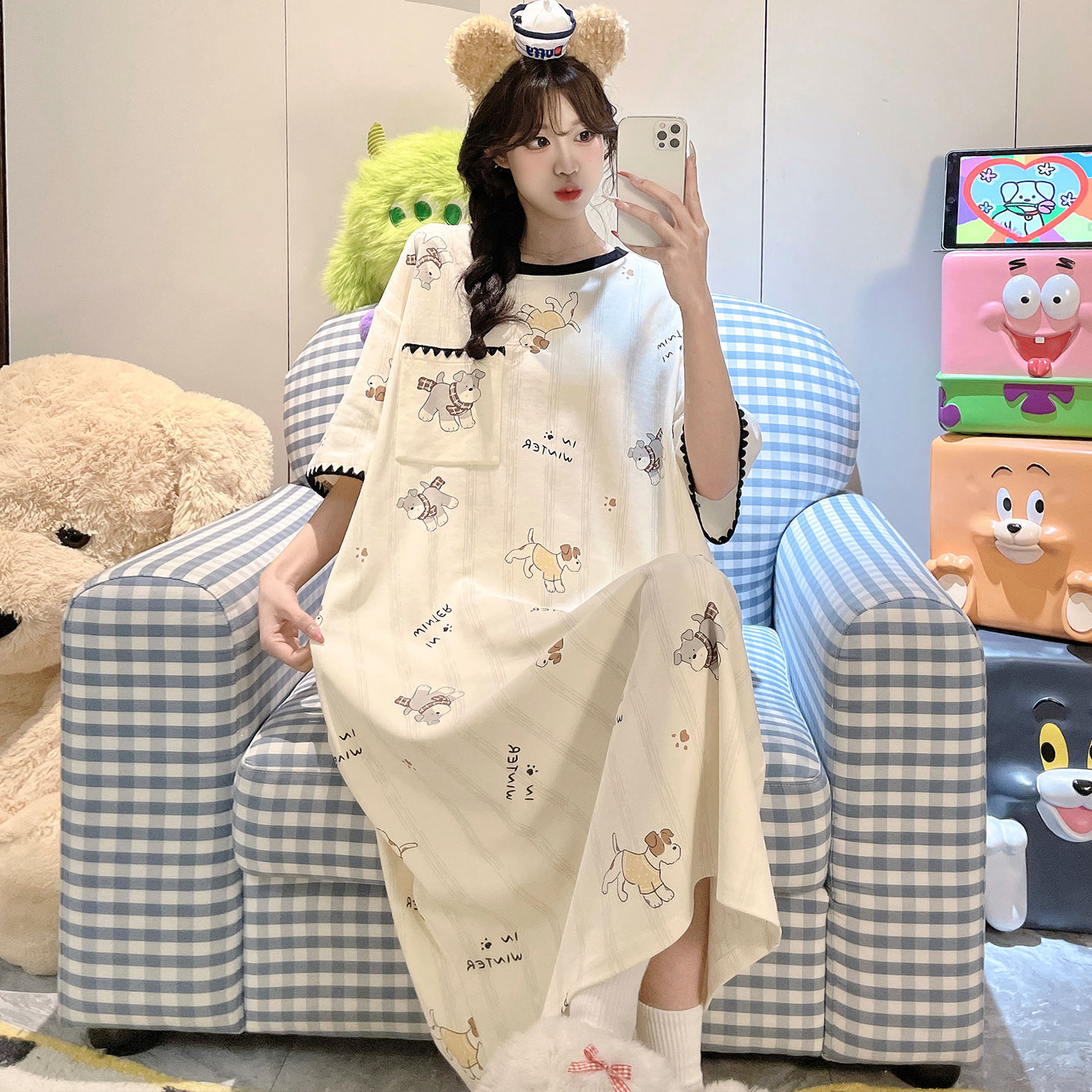 纯棉卡通女款夏季短袖圆领睡裙