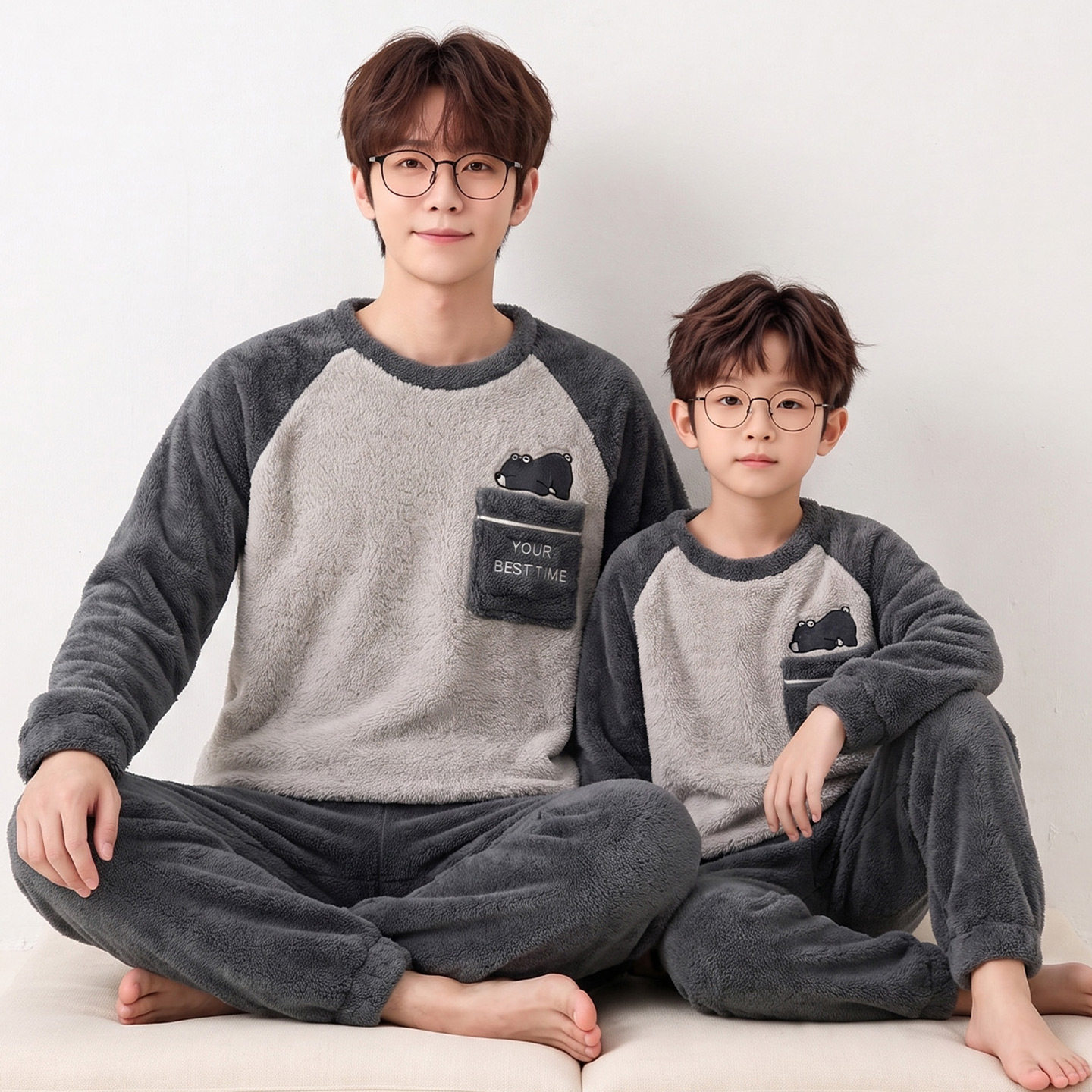 亲子装休闲睡衣冬季珊瑚绒加厚加绒法兰绒儿童父子大码家居服套装