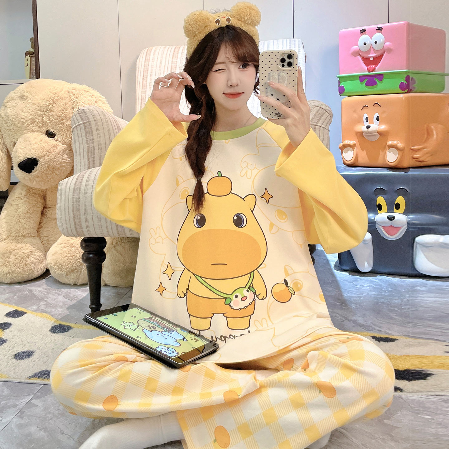 春秋季纯棉长袖可爱女大童家居服