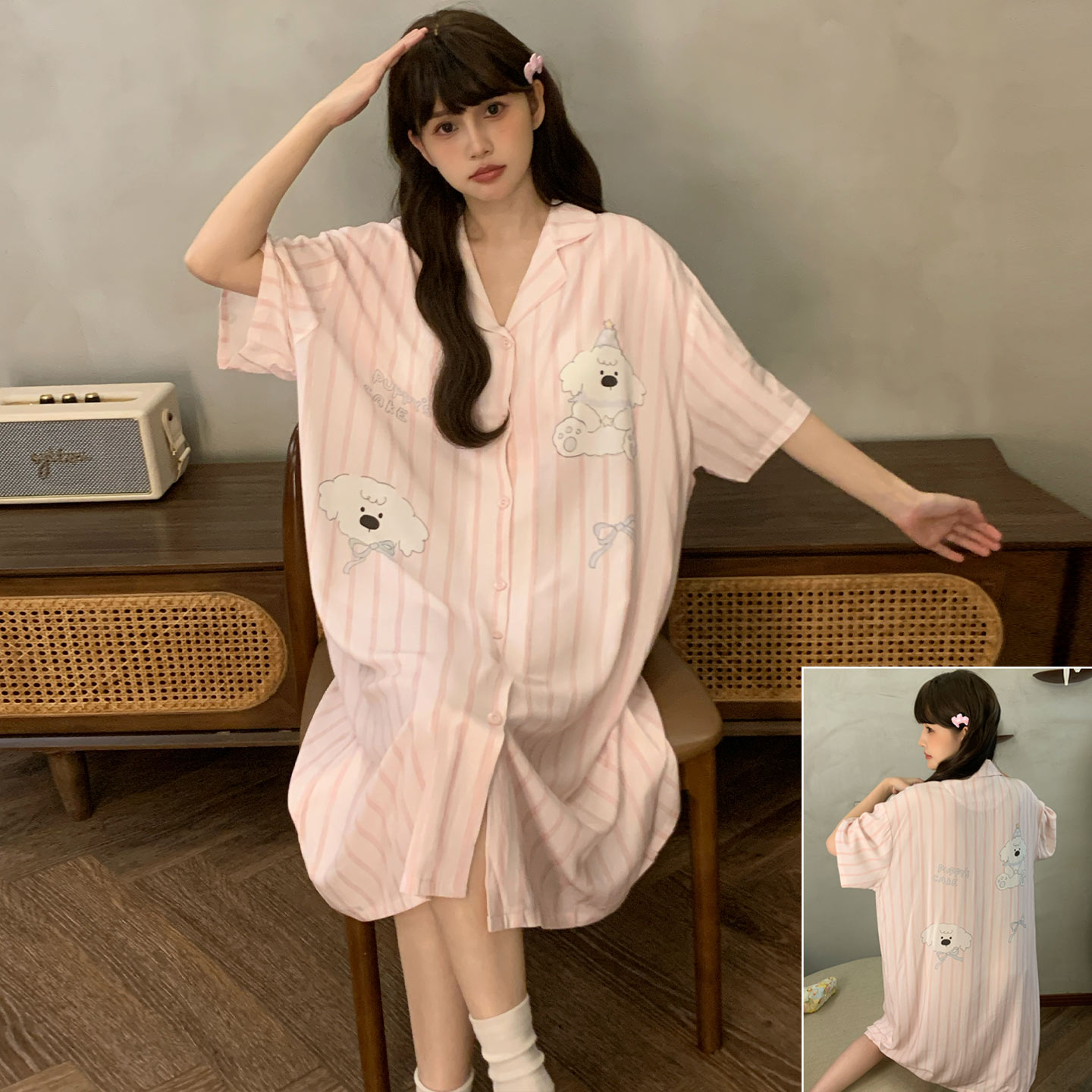 莫代尔女款夏季卡通短袖开衫睡裙