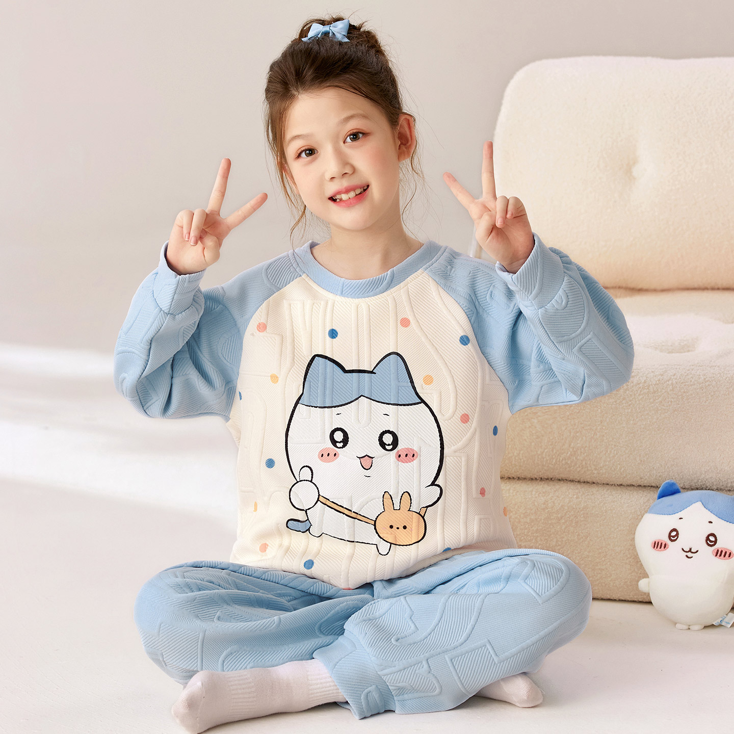 小八女童睡衣秋冬空气棉夹层套装