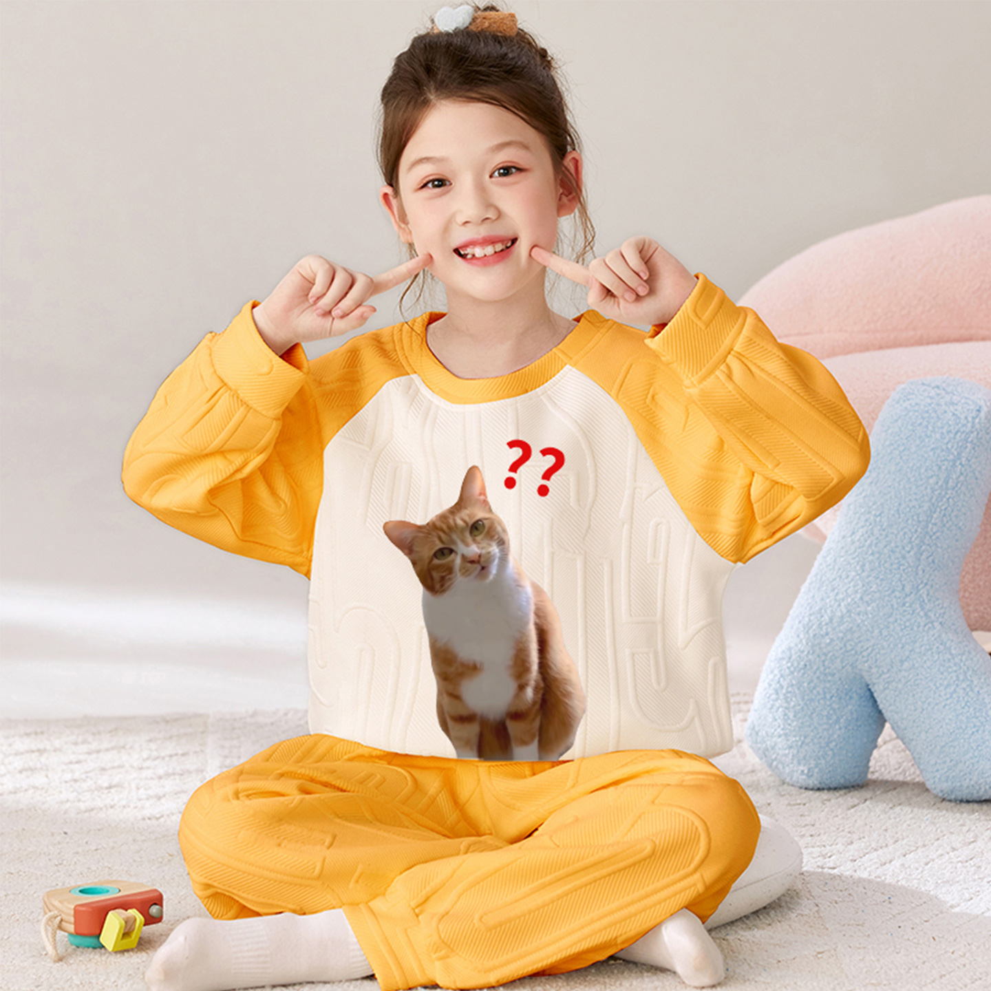 冬季女童空气棉大童搞笑猫家居服