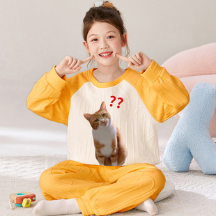 秋冬季女童睡衣夹层空气棉中大童搞笑猫初中生女孩加厚保暖家居服