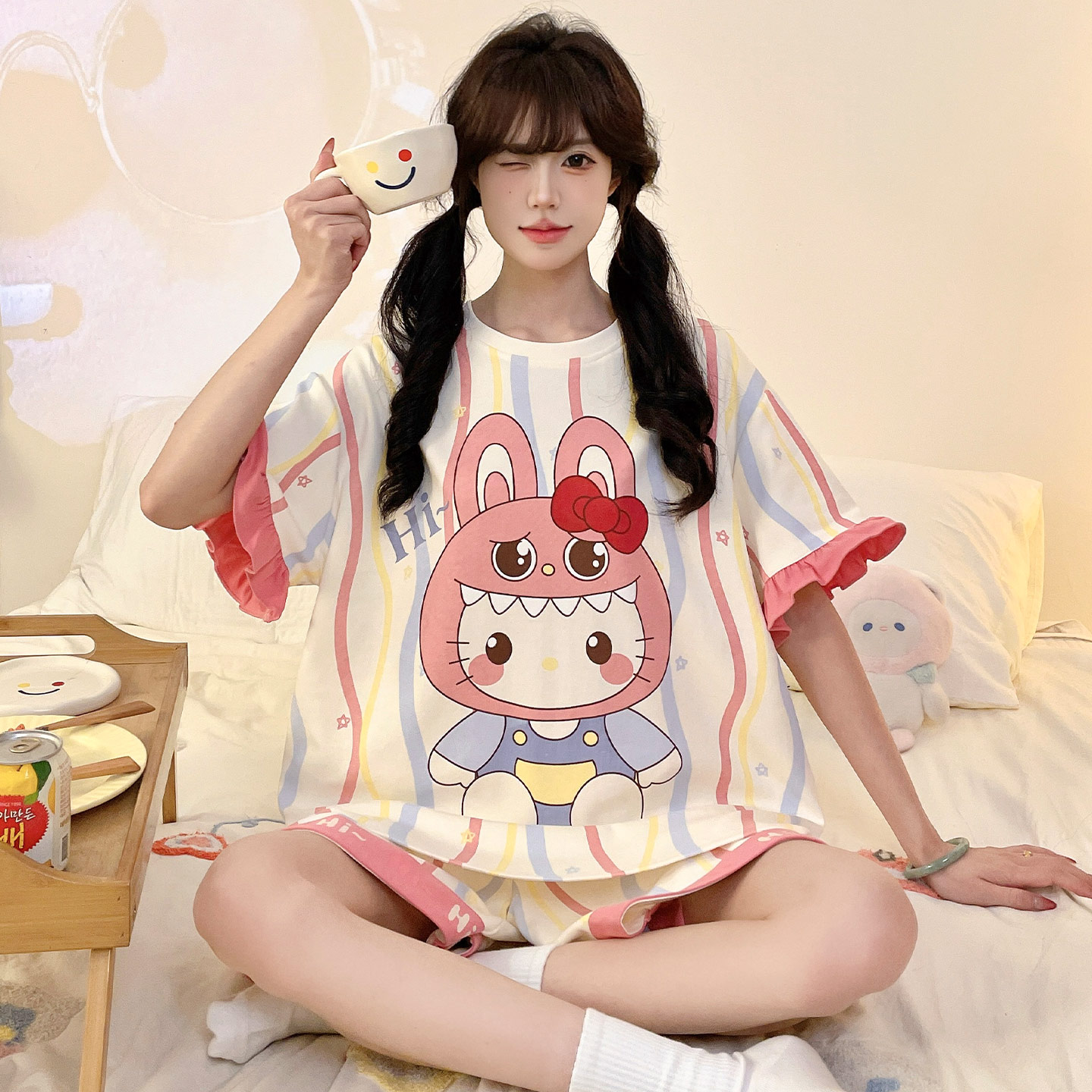 女款夏季短袖纯棉可爱大码家居服