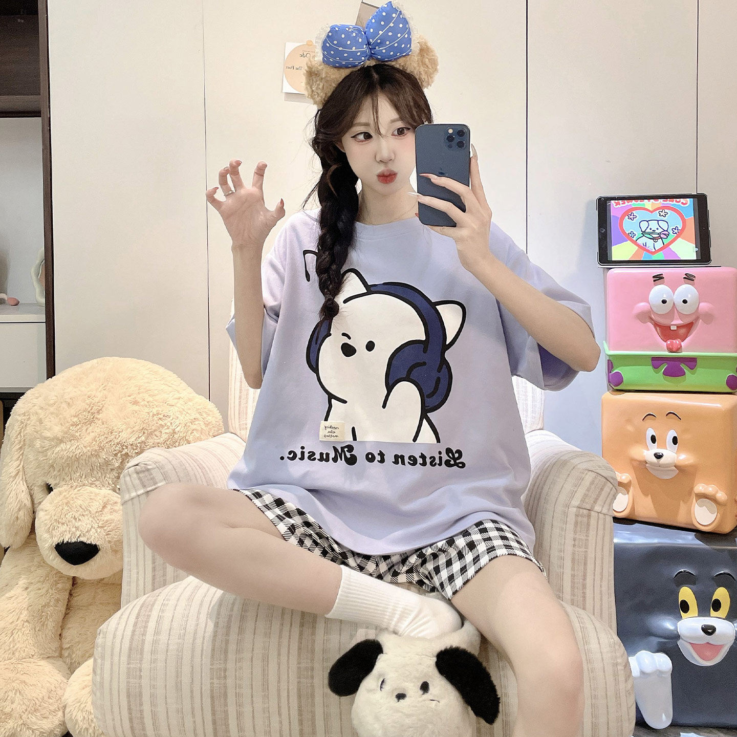 女款夏季纯棉短袖可爱小狗家居服