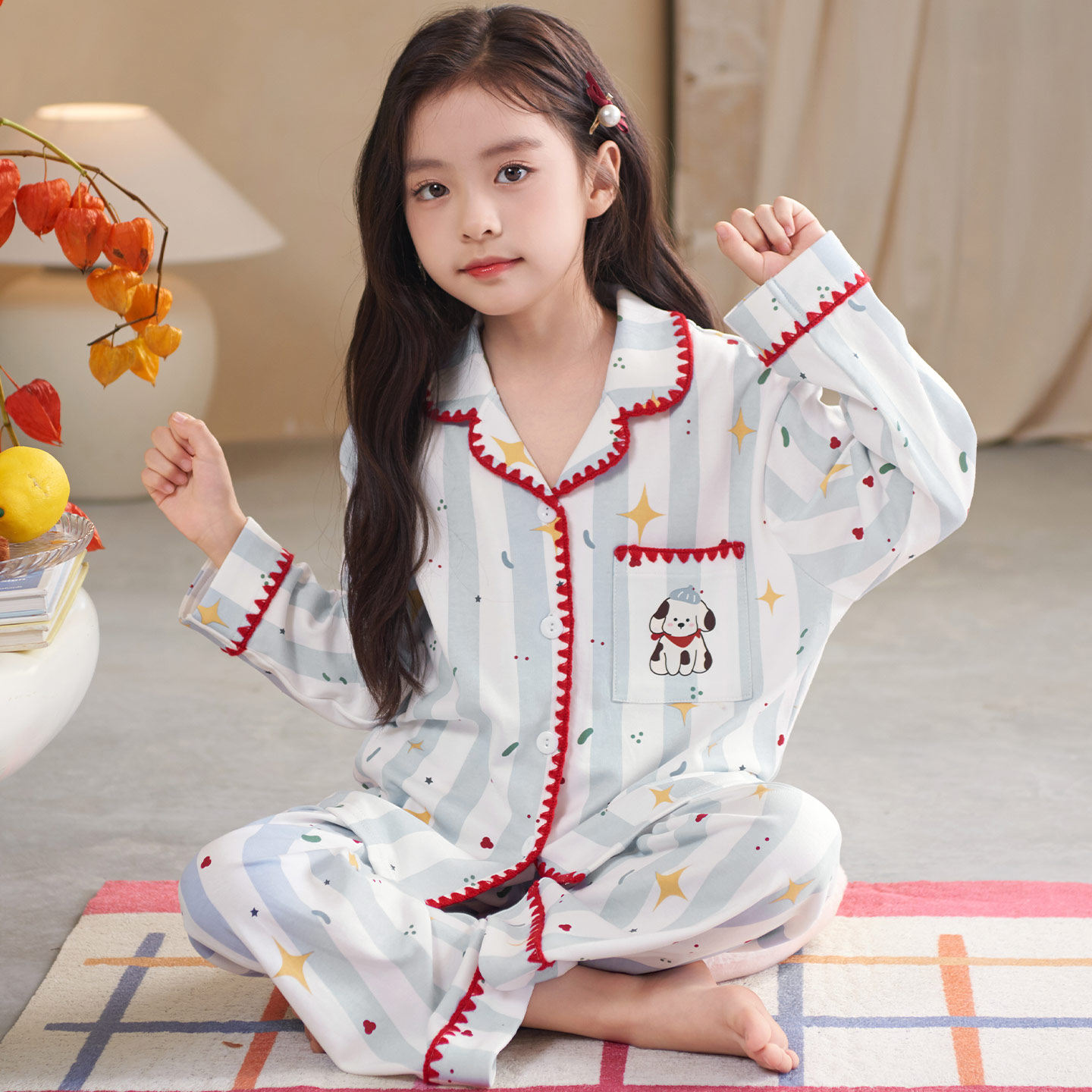 儿童睡衣女孩春秋季款纯棉长袖开衫卡通小狗女童家居服套装可外穿,童装/婴儿装/亲子装,家居服套装,淘宝优惠券,粉丝福利购,淘宝优惠卷