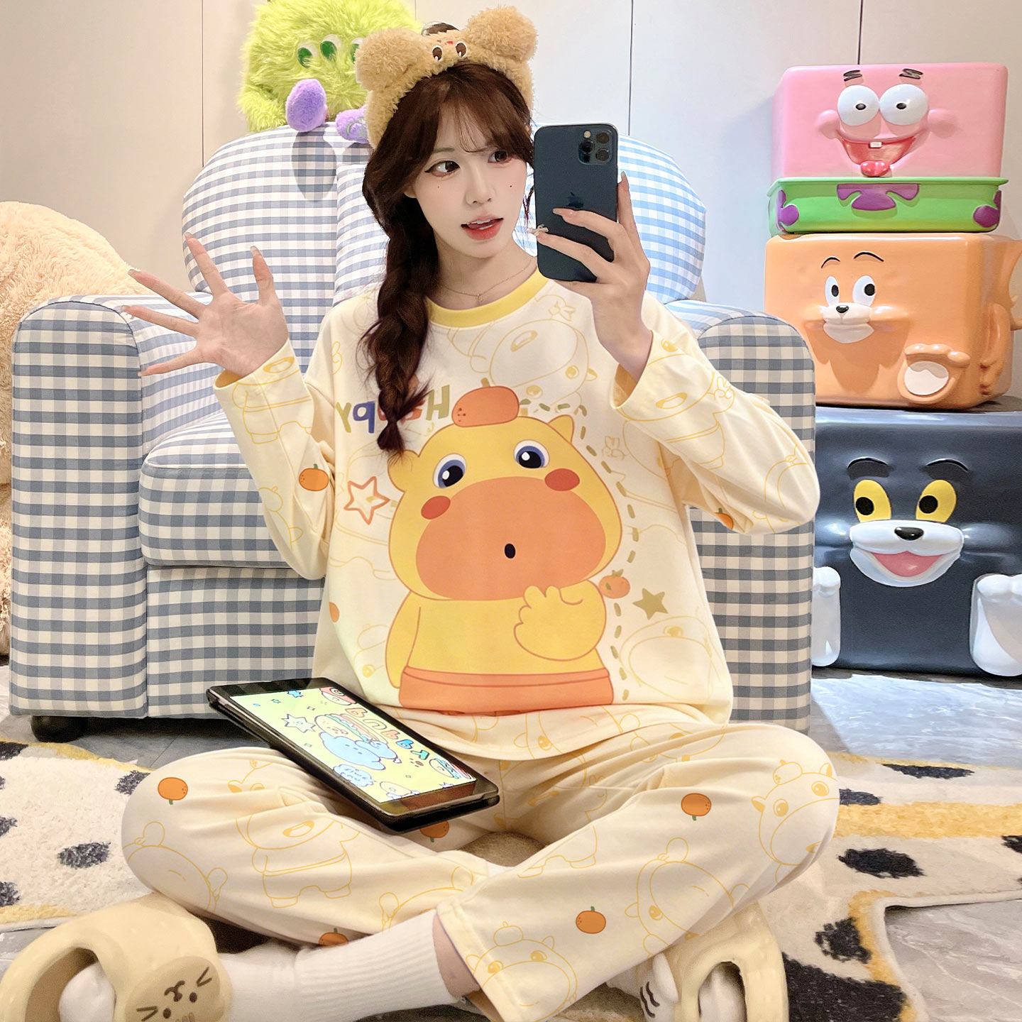 春秋款纯棉长袖卡通少女宽松睡衣