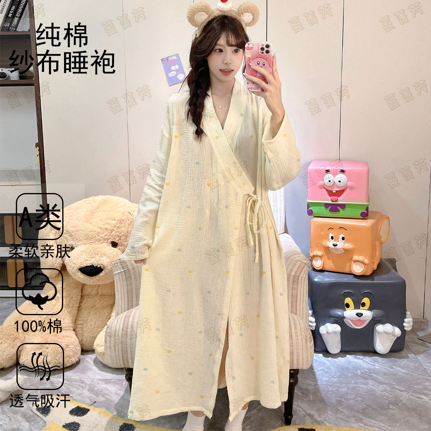 A类纯棉女款长袖薄款春秋季浴袍图片