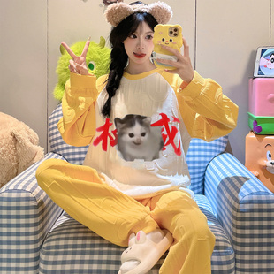 卡通搞笑猫睡衣少女秋冬季新款加厚夹层空气棉搞怪学生家居服套装