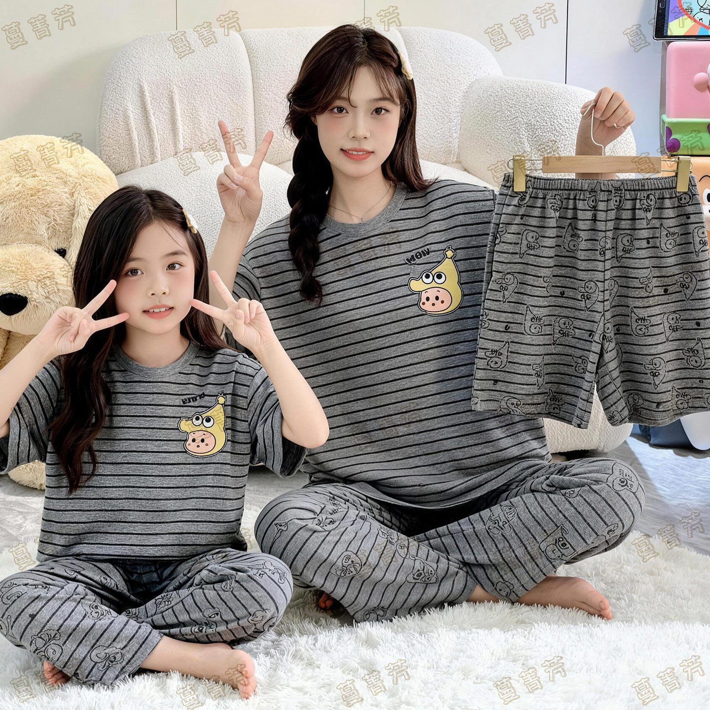 母女夏季纯棉短袖三件套条纹睡衣