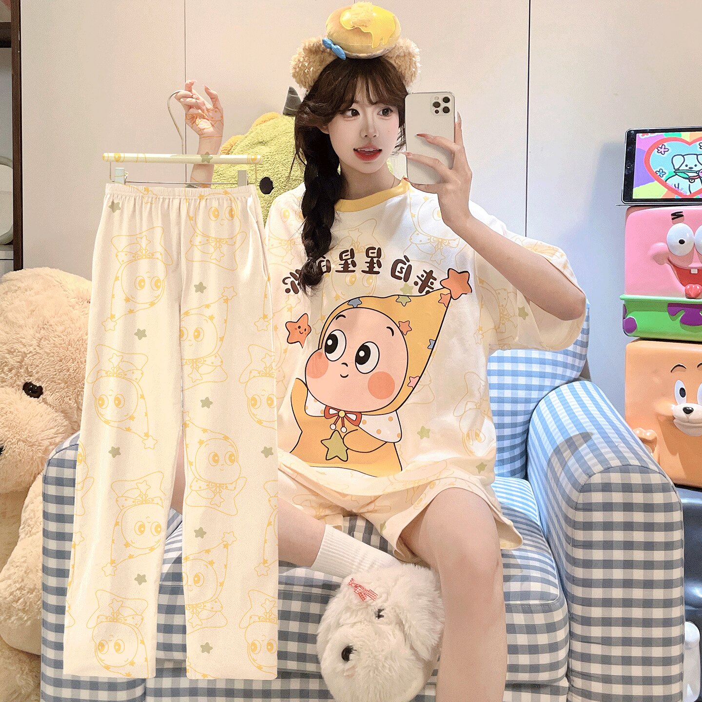 纯棉睡衣女带胸垫防凸点夏季薄款
