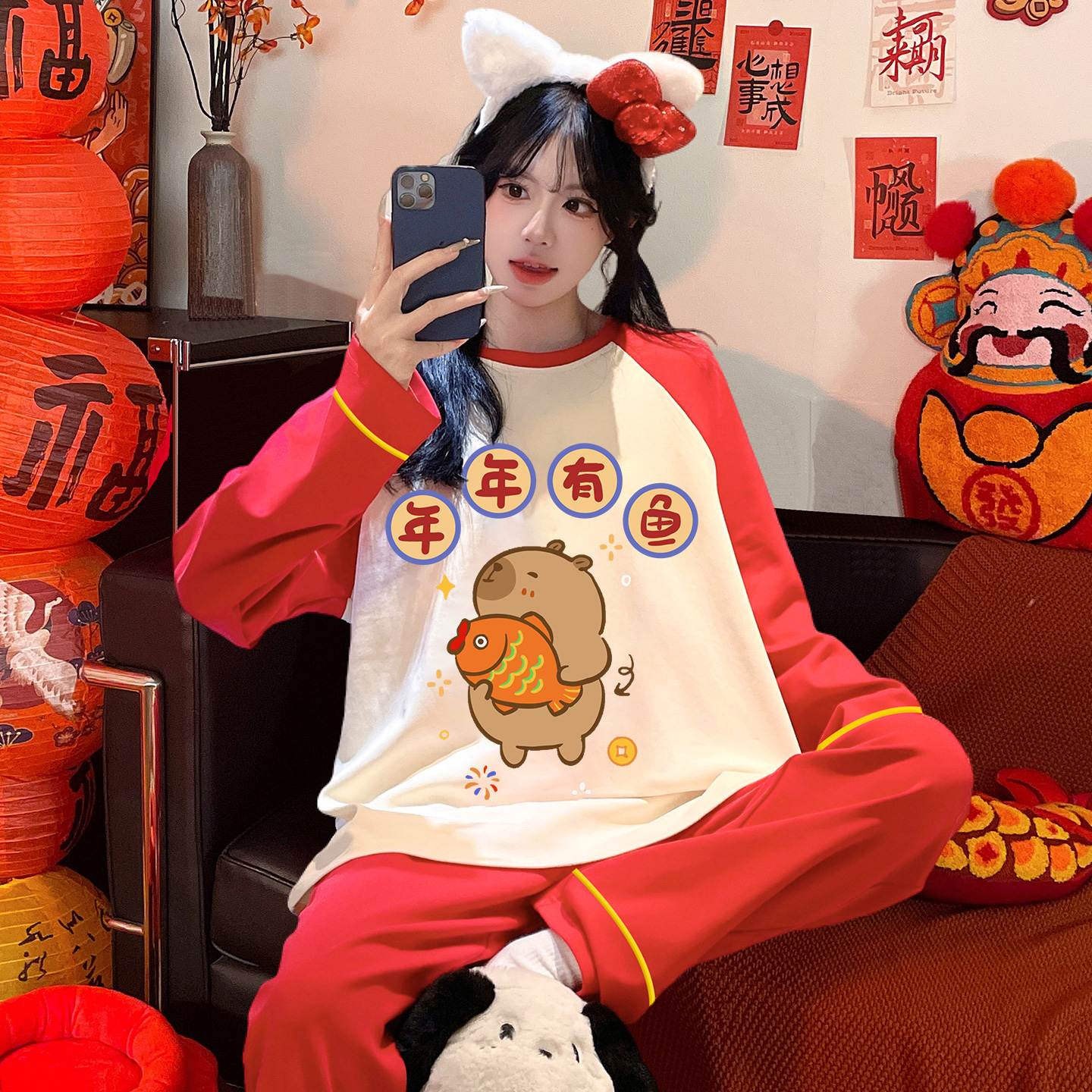 秋季女款长袖纯棉卡皮巴拉家居服