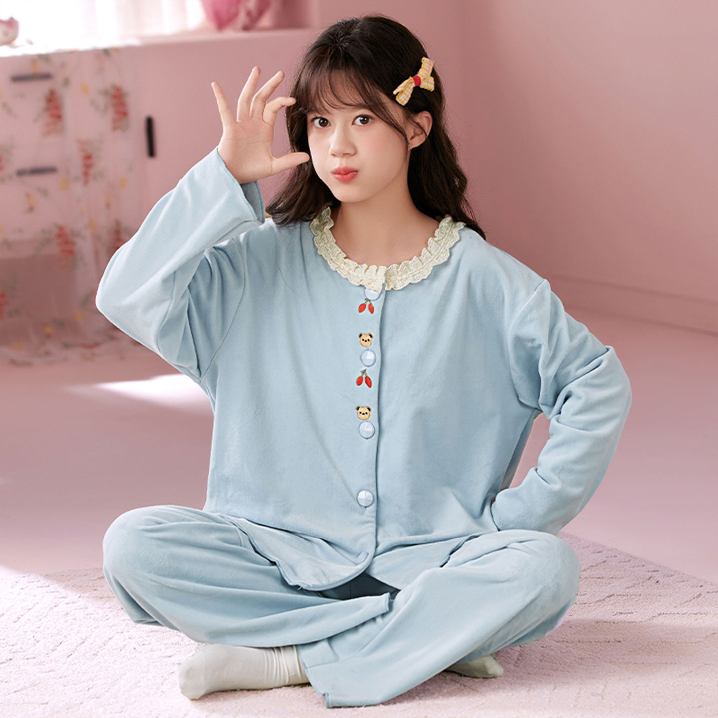女童薄绒睡衣春冬款海岛绒家居服