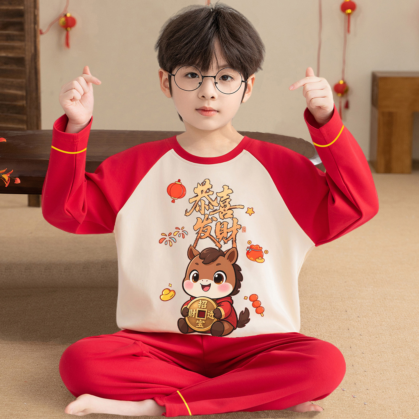 男童纯棉睡衣红色本命年马年套装