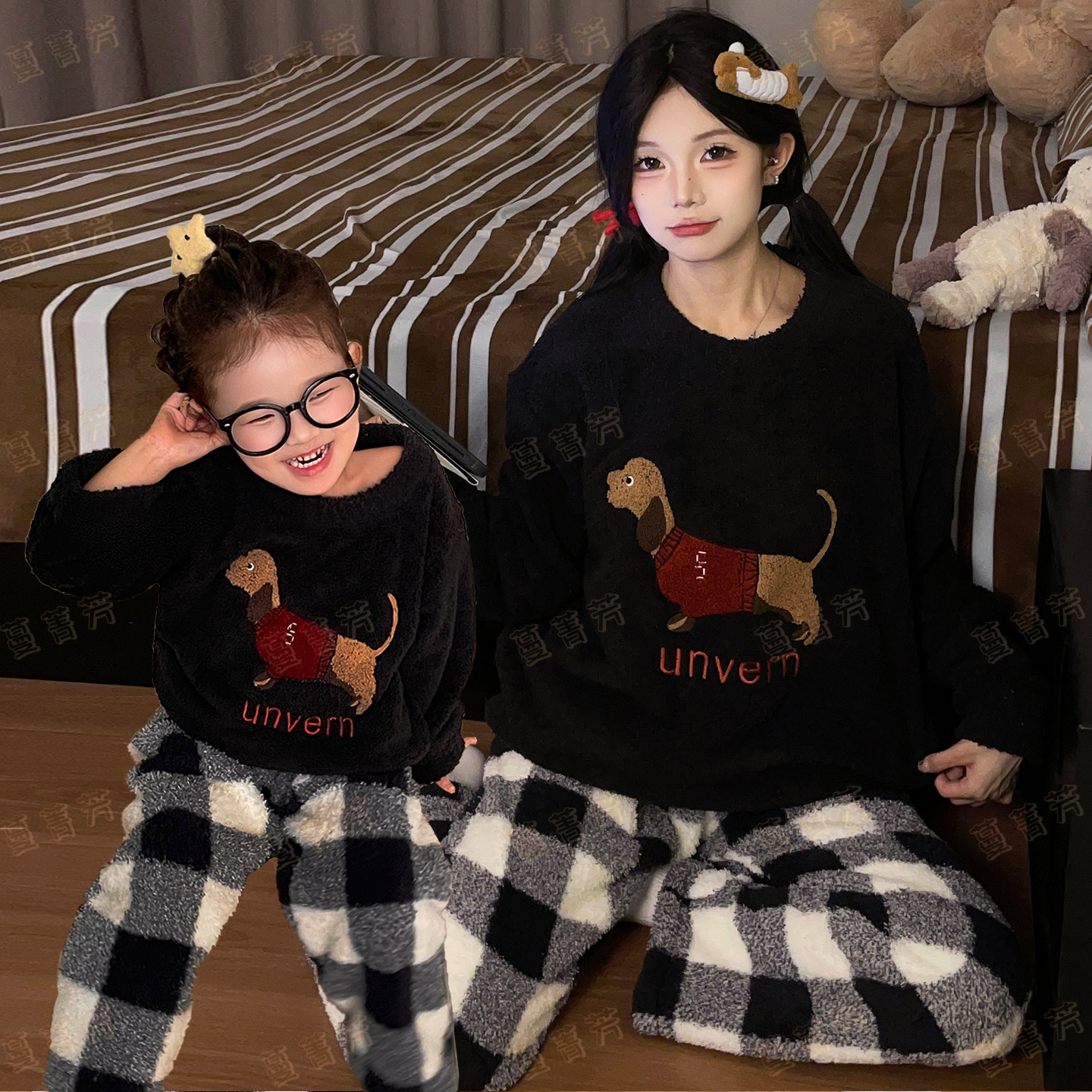 儿童秋冬季半边绒母女腊肠狗套装