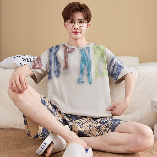 纯棉男款夏季短袖青少年大码睡衣