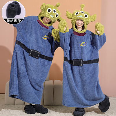 珊瑚绒三眼仔连体睡衣情侣冬男女