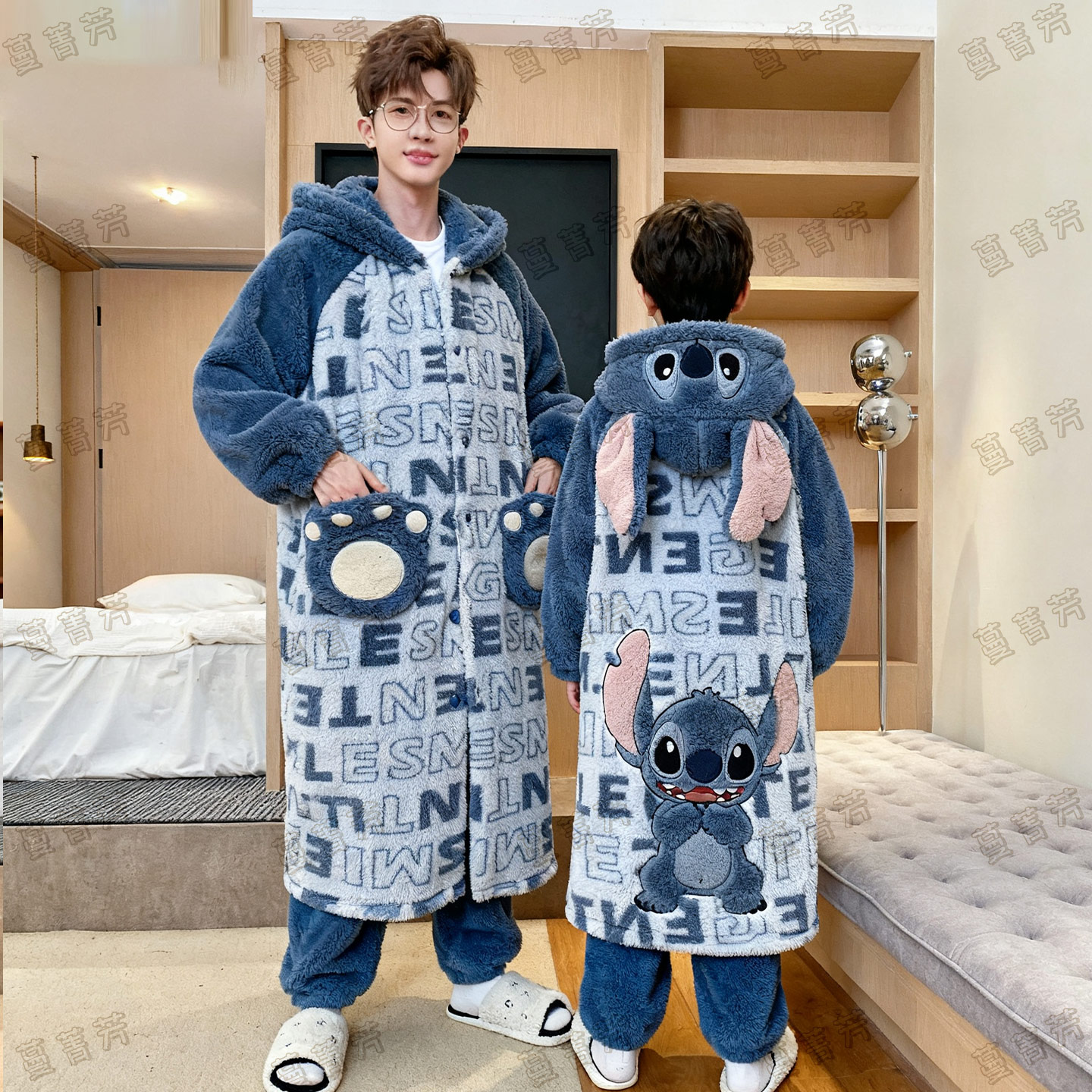 珊瑚绒睡衣男孩冬季加厚加绒卡通大码亲子装父子睡袍家居服史迪仔