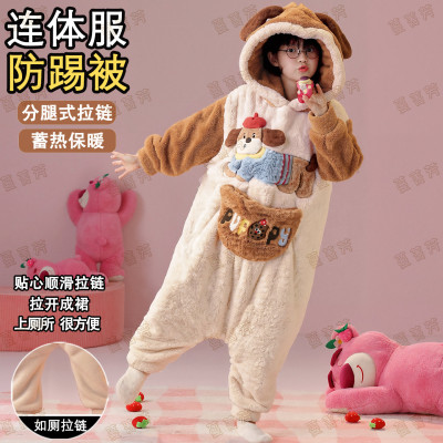 女童秋冬款腊肠狗珊瑚绒连体睡衣