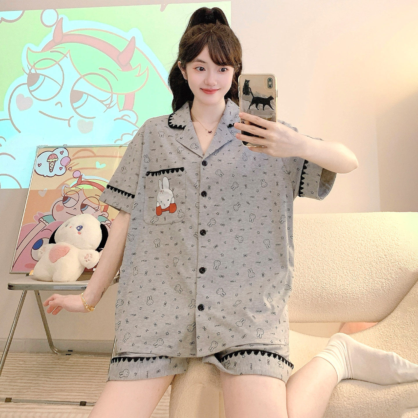 兔子女款夏季短袖纯棉大码家居服