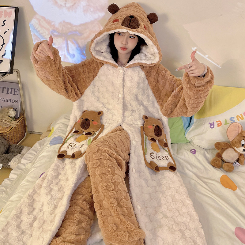 卡皮巴拉女睡袍冬珊瑚绒儿童浴袍