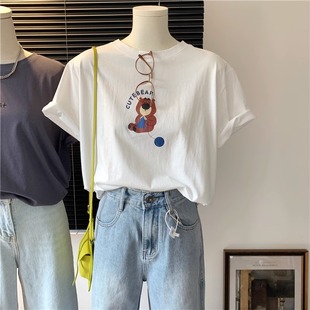 速发复古港味可爱印花纯宽t恤夏生设计感棉松学季 正肩上衣