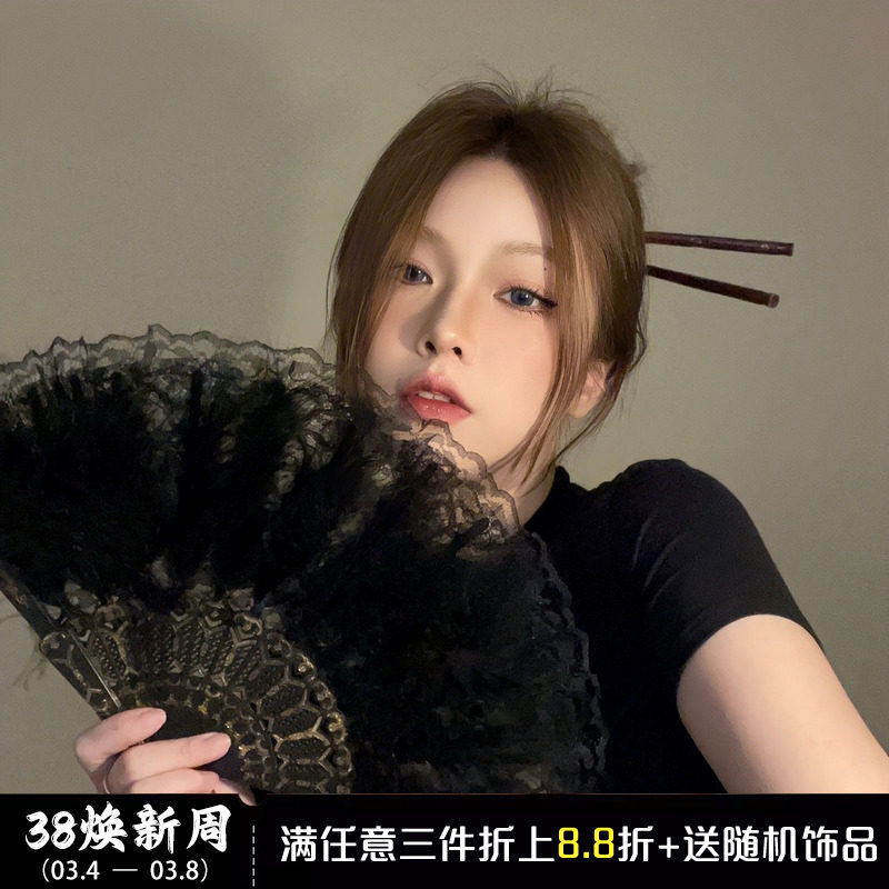 速发汉服古装旗袍黑色新子折扇式国风羽毛扇扇中中舞蹈扇蕾丝古风