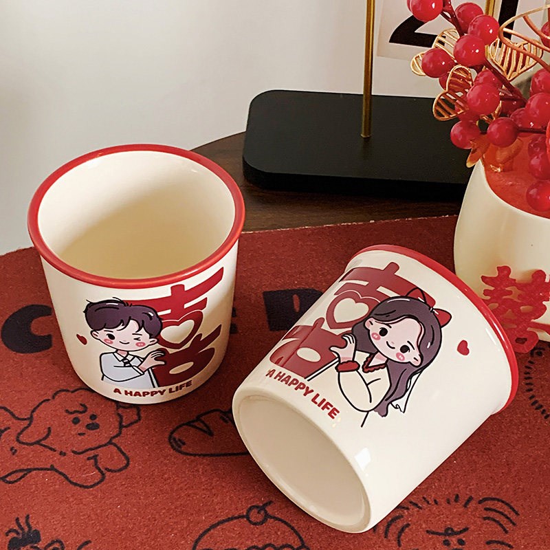 速发结婚红色陶瓷水杯新娘新郎喝水对杯情侣刷牙杯一对杯子陪嫁礼