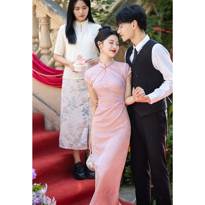 速发2旗婚袍敬酒服订025新款新娘中式粉色回门出阁宴礼服裙夏高级